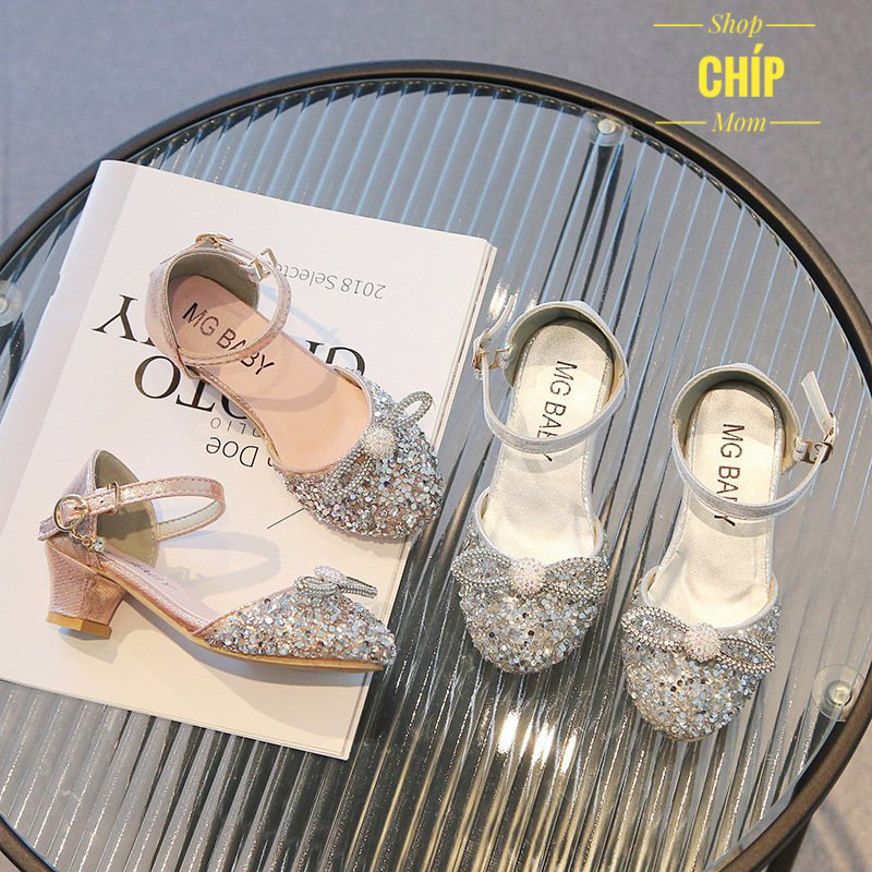 giày búp bê có gót cho bé gái đi tiệc đi chơi công chúa đính đá nơ xinh xắn mẫu mới QCCC MG baby V77