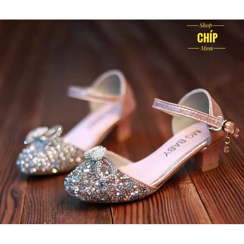 giày búp bê có gót cho bé gái đi tiệc đi chơi công chúa đính đá nơ xinh xắn mẫu mới QCCC MG baby V77