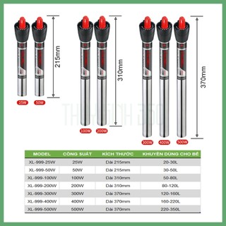 Sưởi Inox Cao Cấp Xilong XL-999 50W/100W/200w/300w/500w - Sử Dụng Cho Bể Cá Cảnh, Thủy Sinh - Thân Vỏ Inox Kháng rỉ, Chố