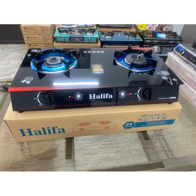 Bếp Ga đôi mặt kính TD78 Halifa- bếp ga họng to nhỏ lửa xanh kiềng chắn gió