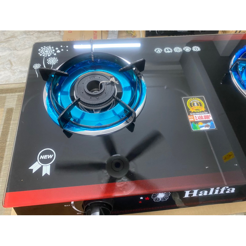 Bếp Ga đôi mặt kính TD78 Halifa- bếp ga họng to nhỏ lửa xanh kiềng chắn gió