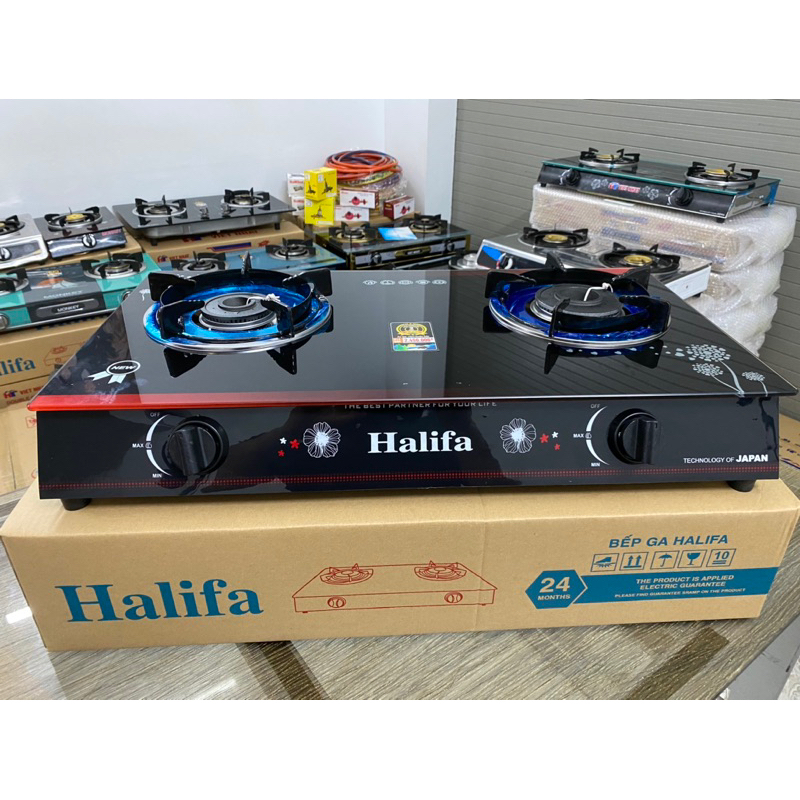 Bếp Ga đôi mặt kính TD78 Halifa- bếp ga họng to nhỏ lửa xanh kiềng chắn gió