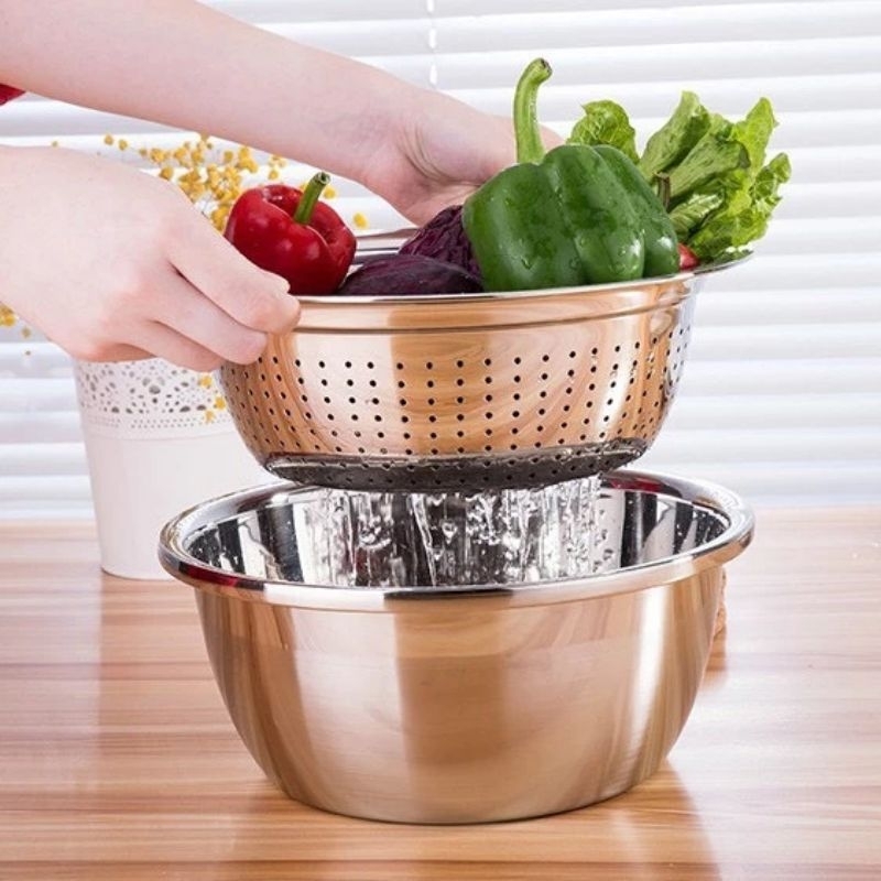 Bộ thau , rổ inox sâu lòng cao cấp dầy loại 1 | Shopee Việt Nam