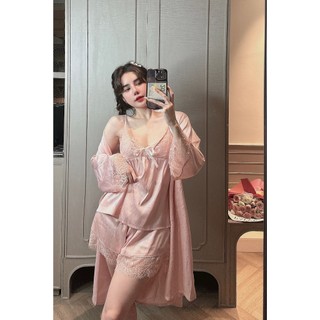 Đồ ngủ nữ 40-60kg, đồ ngủ 2 dây quần đùi sexy kèm áo choàng lụa xước mềm mát 60CS40, đồ bộ nữ đồ mặc nhà trơn sang chảnh