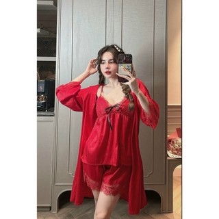 Đồ ngủ nữ 40-60kg, đồ ngủ 2 dây quần đùi sexy kèm áo choàng lụa xước mềm mát 60CS40, đồ bộ nữ đồ mặc nhà trơn sang chảnh