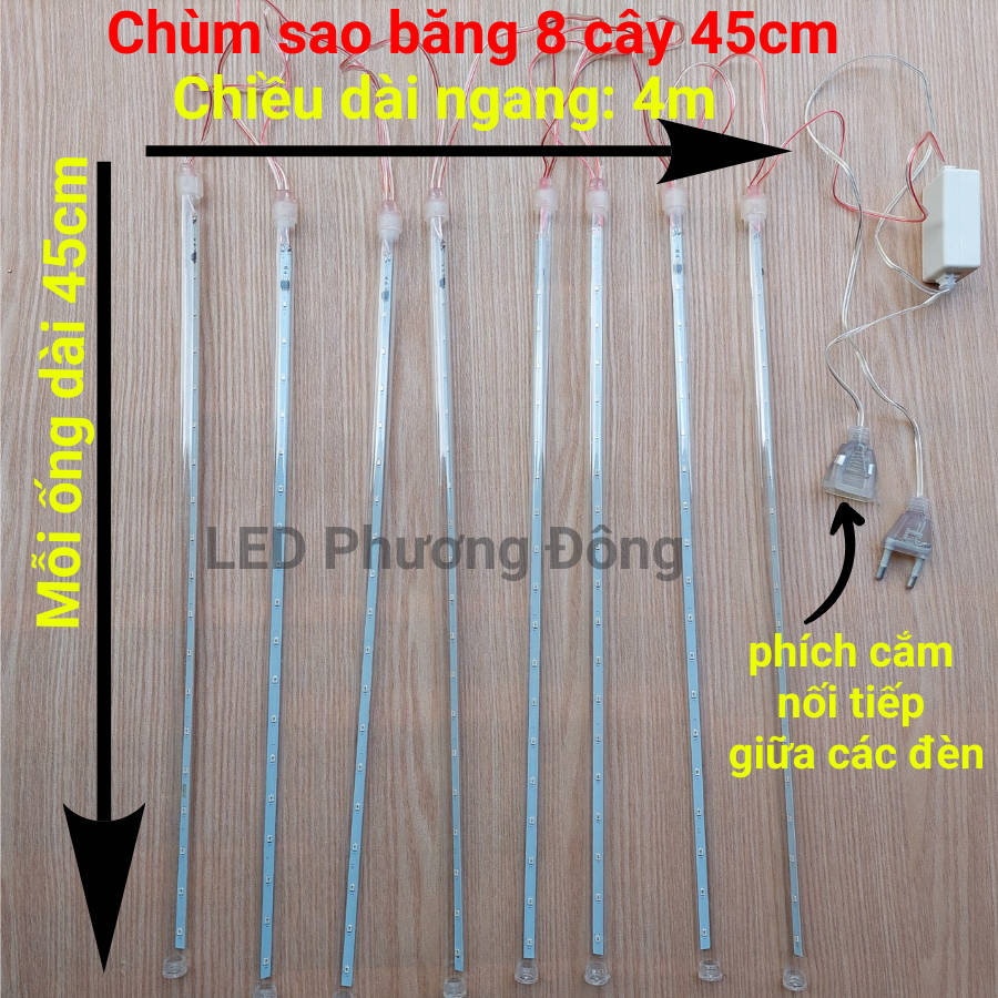 Bộ Đèn LED sao băng giọt nước thả LED mưa sao băng trang trí ngoài trời 8 ống - 45cm - AC 220V kín nước