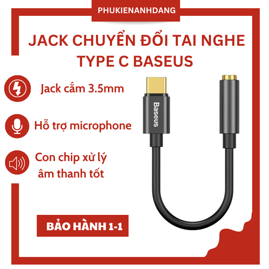 Jack chuyển đổi tai nghe type c sang 3.5 có mic đàm thoại Baseus - đầu chuyển typec ra 3.5mm