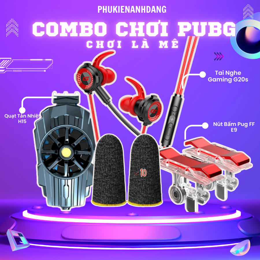 Combo Chơi Pubg, FF Quạt Tản Nhiệt H15, Tai Nghe Gaming G20s, E9, 10 Đôi Bao Tay Game