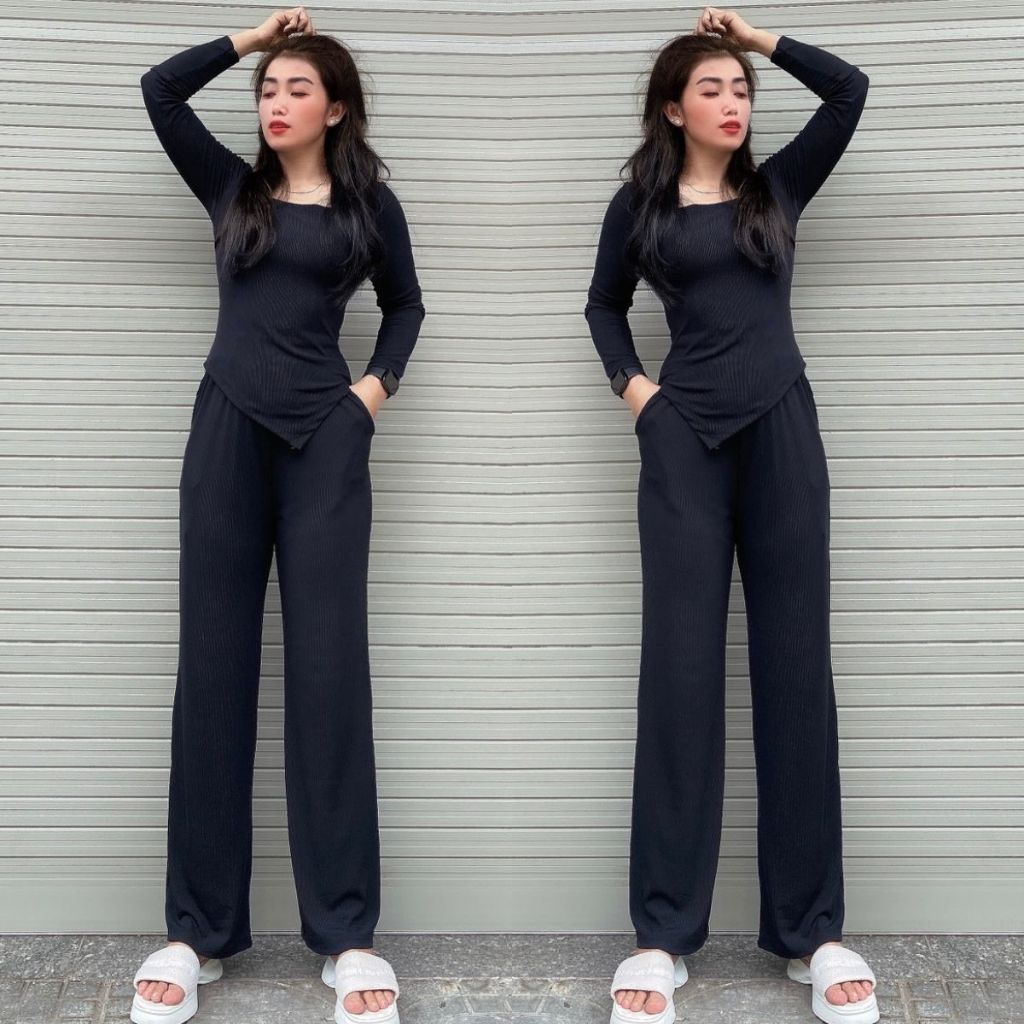 Đồ Thu Đông Áo Tay Dài Quần Ống Rộng Bigsize ESHOP Set Đồ Đi Chơi Nữ Sang Chảnh Mặc Nhà Đi Chơi Đẹp Dễ Thương GL68