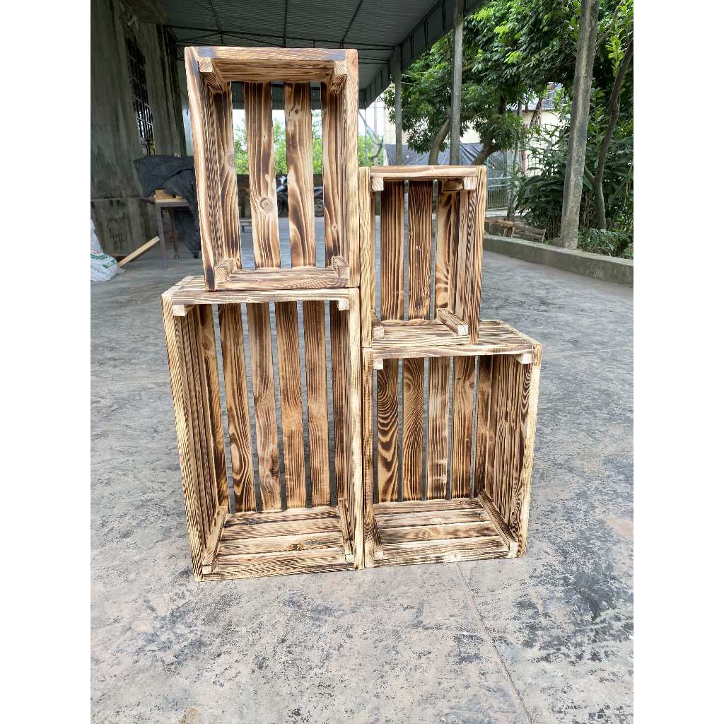 Thùng Gỗ Pallet Màu Khò Lửa Chống Mối Mọt - Hộp Gỗ Thông Đa Năng Decor Nhiều Size - TC Home