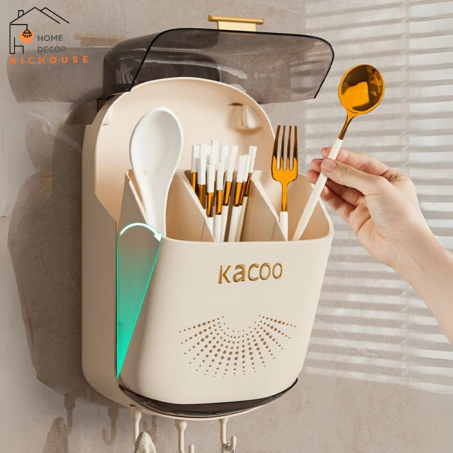 Hộp đựng đũa muỗng có nắp đậy gắn tường, ống đựng đũa treo tường chống bụi tích hợp móc treo