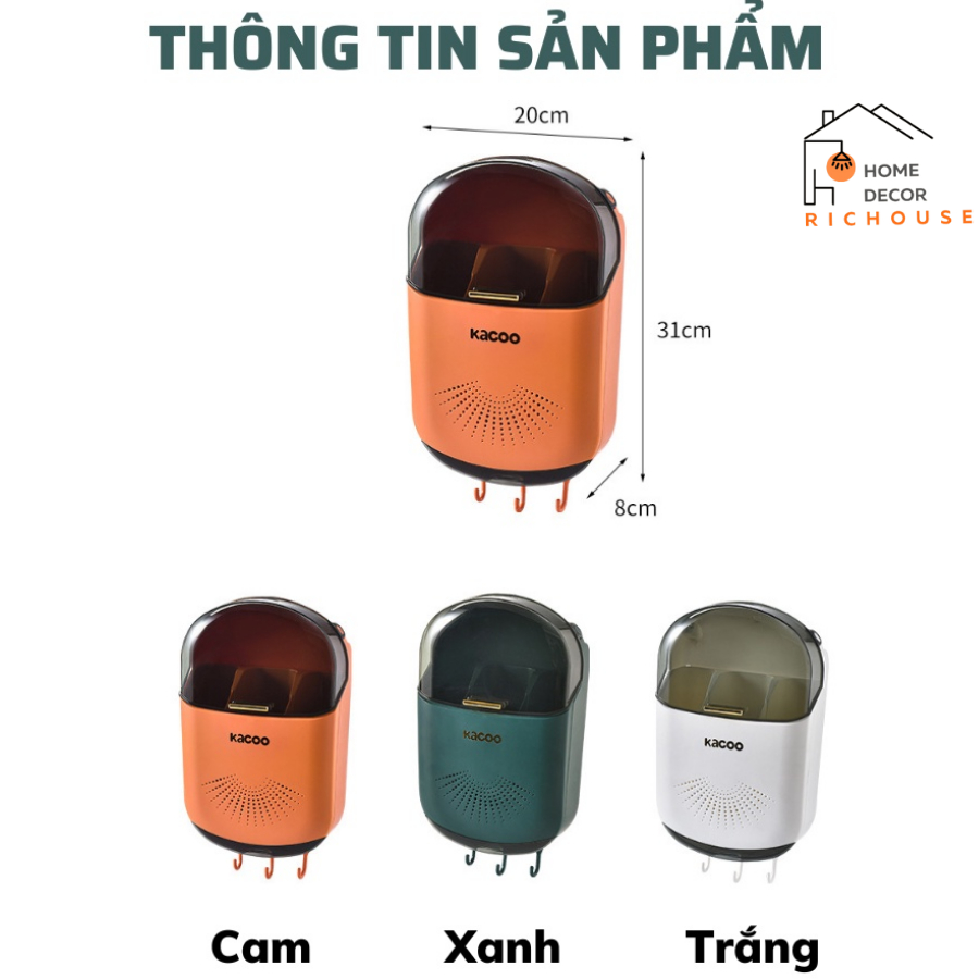 Hộp đựng đũa muỗng có nắp đậy gắn tường, ống đựng đũa treo tường chống bụi tích hợp móc treo