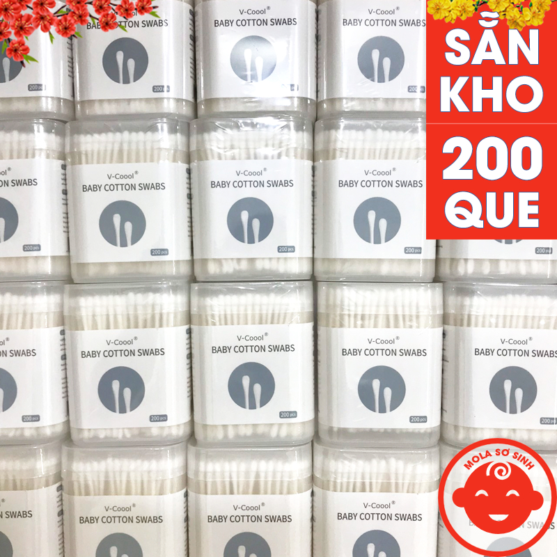 Tăm Bông Cho Bé Sơ Sinh Vcool (Hộp 200 Que) Tiện Lợi, An Toàn