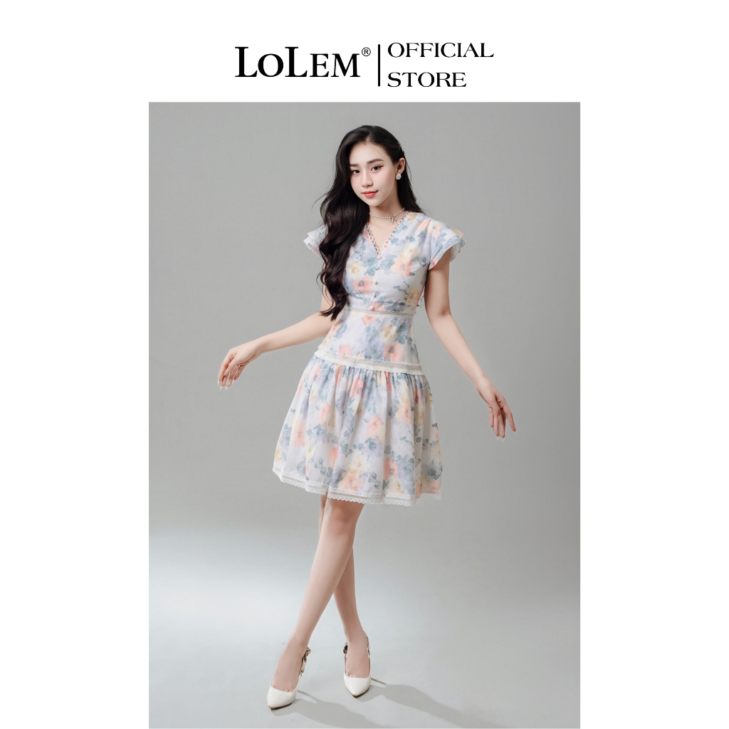 Đầm ren dài cổ chữ v LOLEM DX451 tay bèo chất vải tơ ren mềm mại