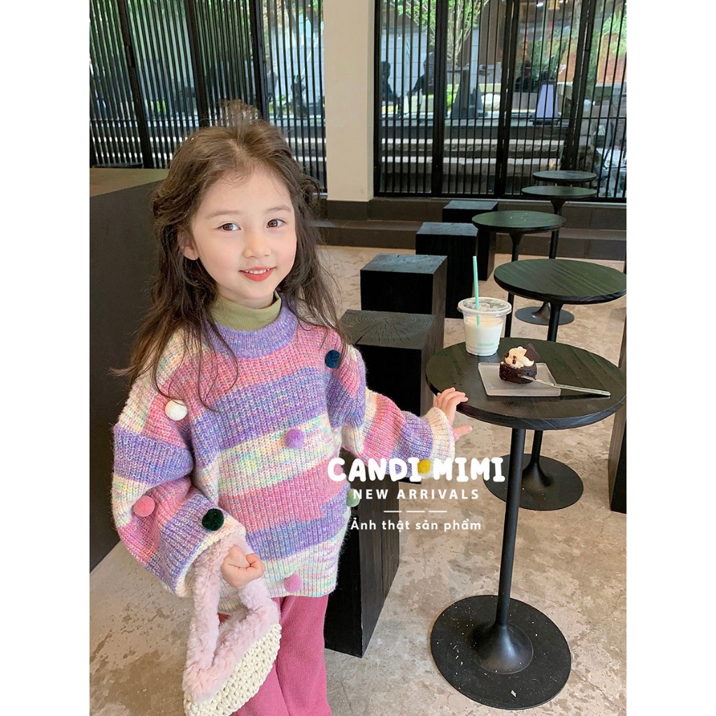 CANDIMIMI Áo Len Cổ Tròn Đính Quả Bông Dễ Thương, Phong Cách Tiểu Thư Cho Bé Gái - Sợi Tự Nhiên Cao Cấp, Dày Dặn, Mềm Mạ