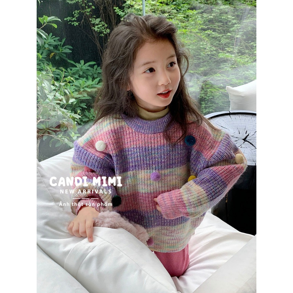 CANDIMIMI Áo Len Cổ Tròn Đính Quả Bông Dễ Thương, Phong Cách Tiểu Thư Cho Bé Gái - Sợi Tự Nhiên Cao Cấp, Dày Dặn, Mềm Mạ