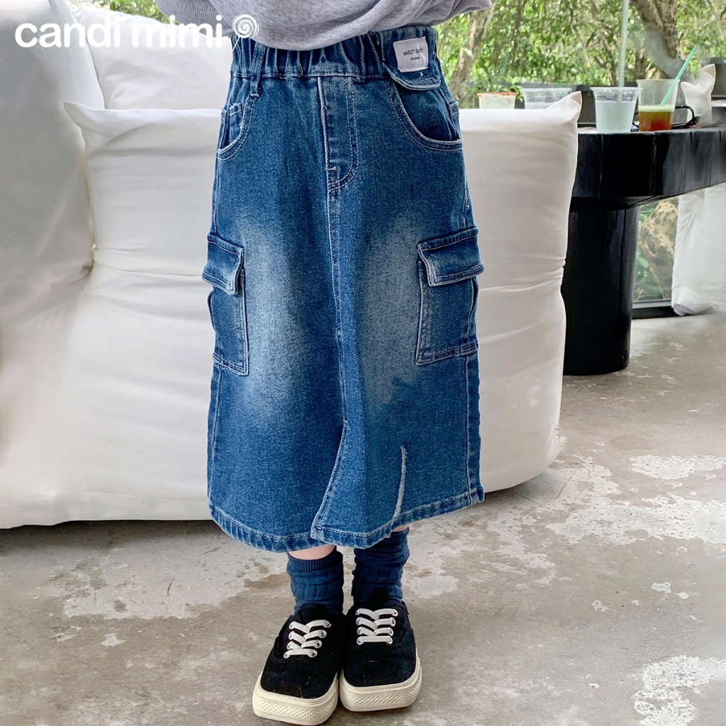 CANDIMIMI Chân Váy Túi Hộp Dáng Dài Cho Bé Gái - Denim Cotton Cao Cấp - Sợi Tự Nhiên Dày Dặn, Mềm Mại