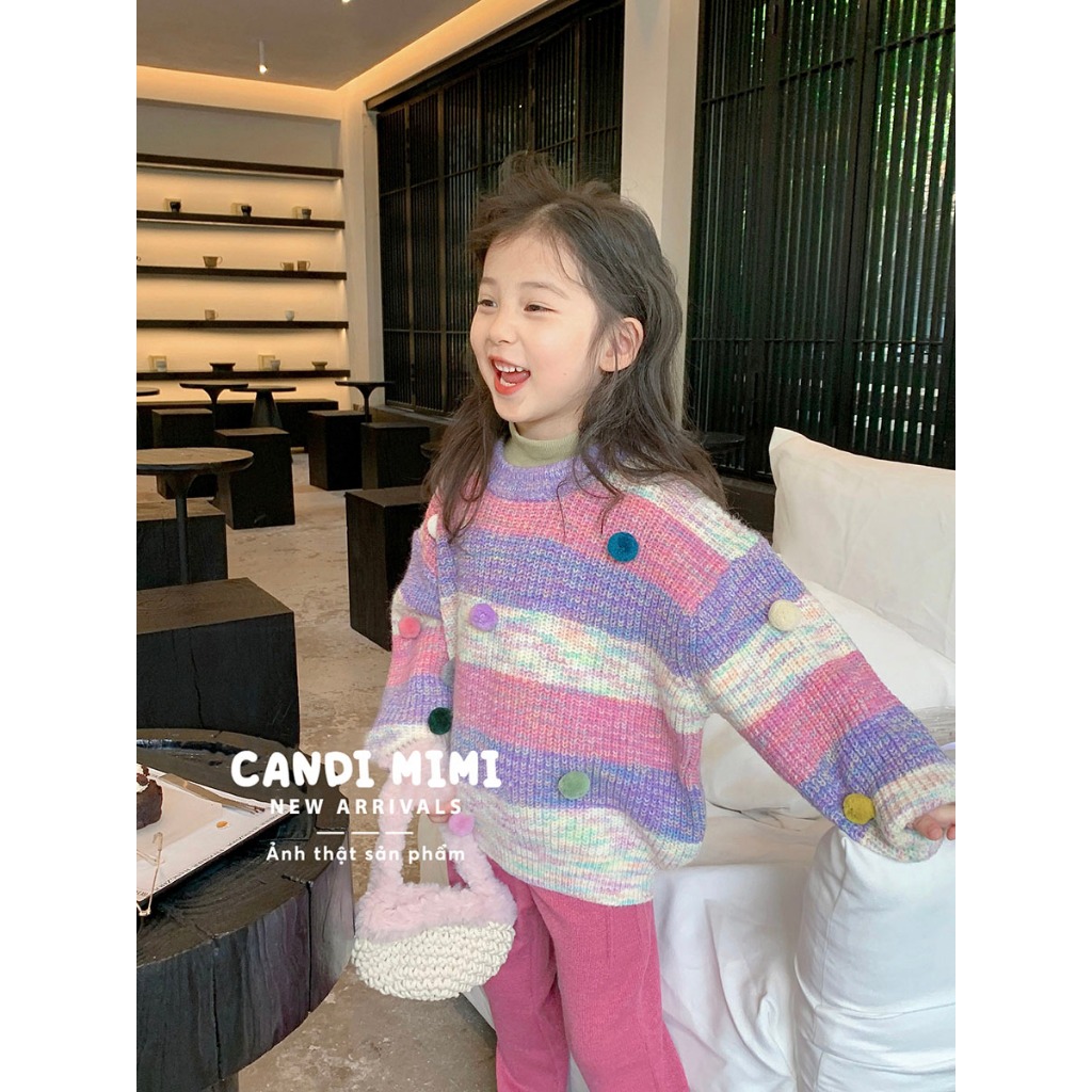 CANDIMIMI Áo Len Cổ Tròn Đính Quả Bông Dễ Thương, Phong Cách Tiểu Thư Cho Bé Gái - Sợi Tự Nhiên Cao Cấp, Dày Dặn, Mềm Mạ