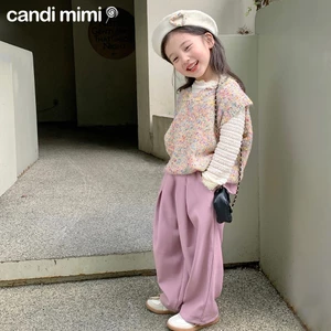 CANDIMIMI Áo Gile Len Cổ V Phối Chấm Màu Dễ Thương Cho Bé Gái - Sợi Tự Nhiên Cao Cấp, Dày Dặn, Mềm Mại
