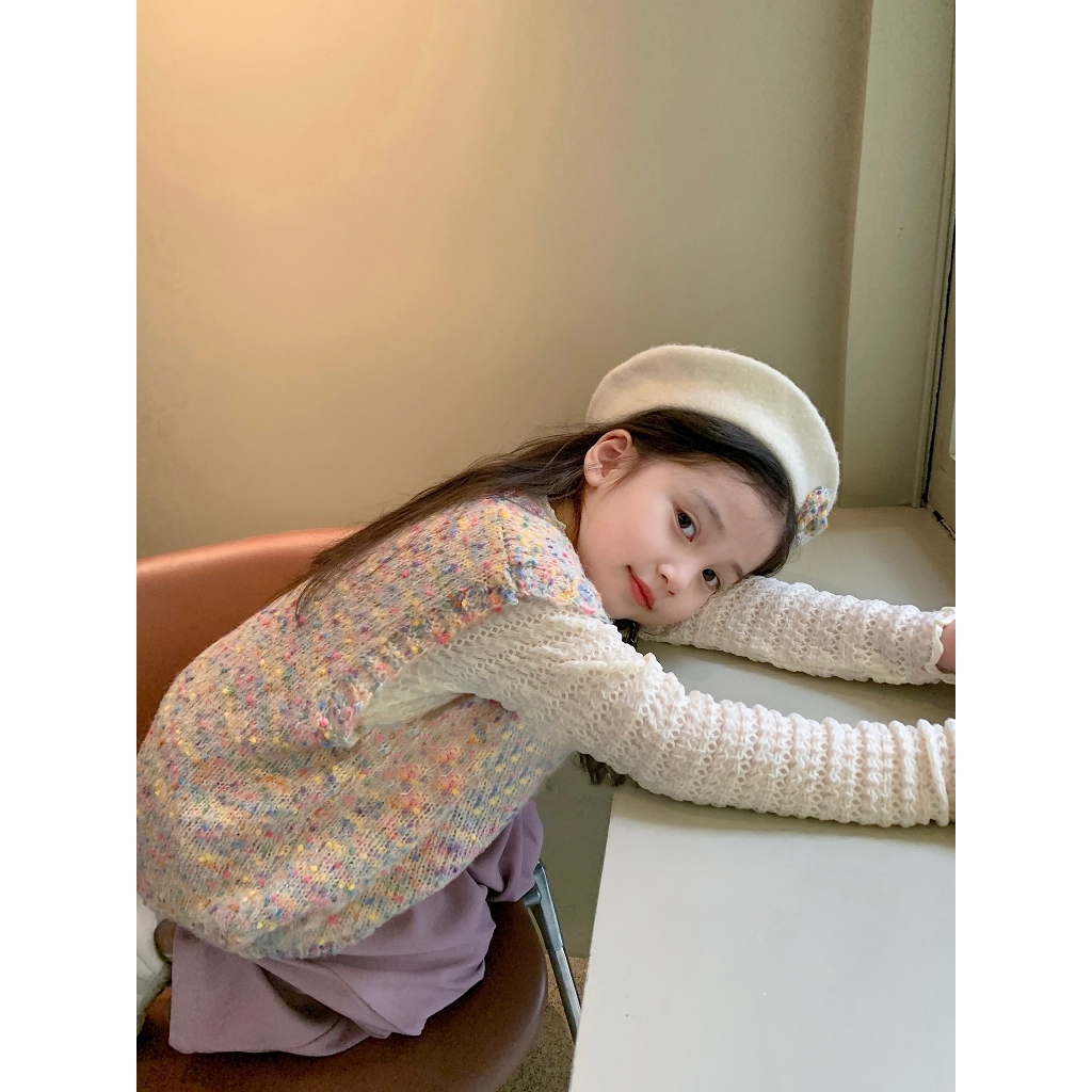 CANDIMIMI Áo Gile Len Cổ V Phối Chấm Màu Dễ Thương Cho Bé Gái -  Sợi Tự Nhiên Cao Cấp, Dày Dặn, Mềm Mại