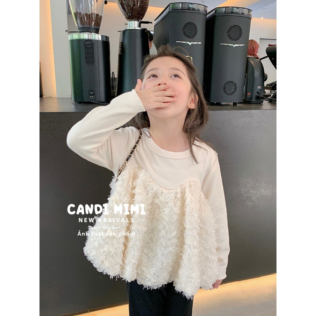 CANDIMIMI Áo Len Dáng Xòe Phối Lông Vũ Phong Cách Tiểu Thư Cho Bé Gái - Sợi Tự Nhiên Cao Cấp, Dày Dặn, Mềm Mại