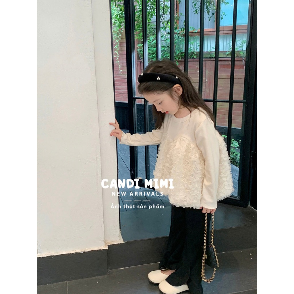 CANDIMIMI Áo Len Dáng Xòe Phối Lông Vũ Phong Cách Tiểu Thư Cho Bé Gái - Sợi Tự Nhiên Cao Cấp, Dày Dặn, Mềm Mại
