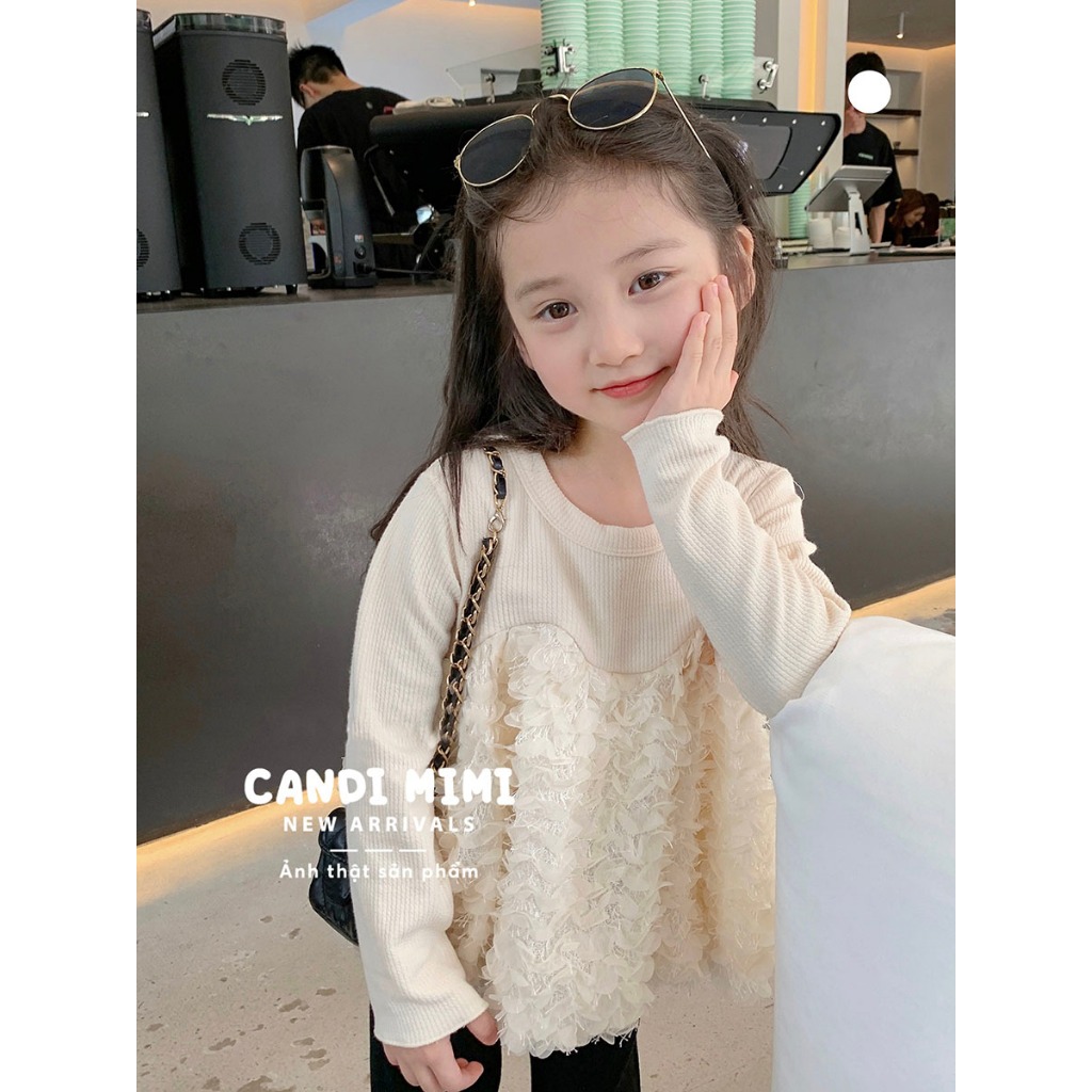 CANDIMIMI Áo Len Dáng Xòe Phối Lông Vũ Phong Cách Tiểu Thư Cho Bé Gái - Sợi Tự Nhiên Cao Cấp, Dày Dặn, Mềm Mại