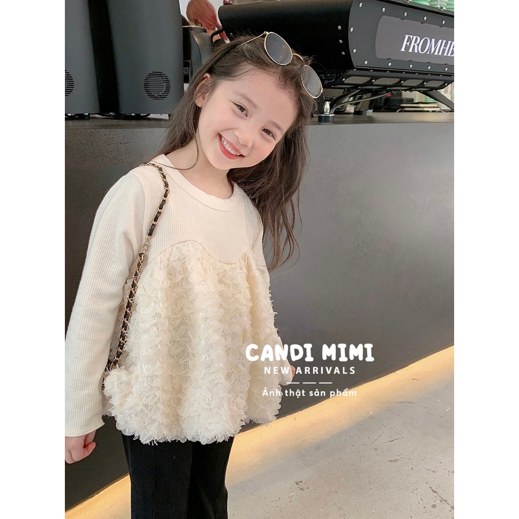 CANDIMIMI Áo Len Dáng Xòe Phối Lông Vũ Phong Cách Tiểu Thư Cho Bé Gái - Sợi Tự Nhiên Cao Cấp, Dày Dặn, Mềm Mại