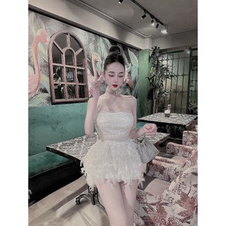 [LO07] Đầm Dự Tiệc Cúp Ngực Lông Vũ Phối Lưới Đính Kim Tuyến Hạt Tròn - Vải Lông + Lưới + Lót - 2 Màu Trắng, Đen LINOIS
