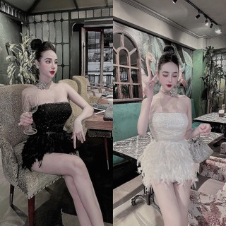 [LO07] Đầm Dự Tiệc Cúp Ngực Lông Vũ Phối Lưới Đính Kim Tuyến Hạt Tròn - Vải Lông + Lưới + Lót - 2 Màu Trắng, Đen LINOIS