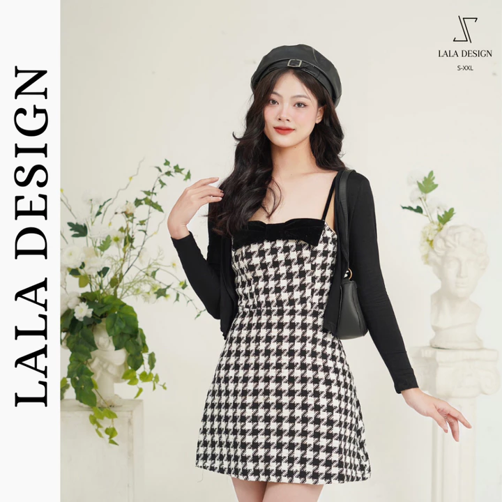 SET váy dạ Tweed kèm áo khoác - Váy dạ tweed Hàn 2 dây phối nơ ngực dáng chữ A kèm áo khoác - SET06