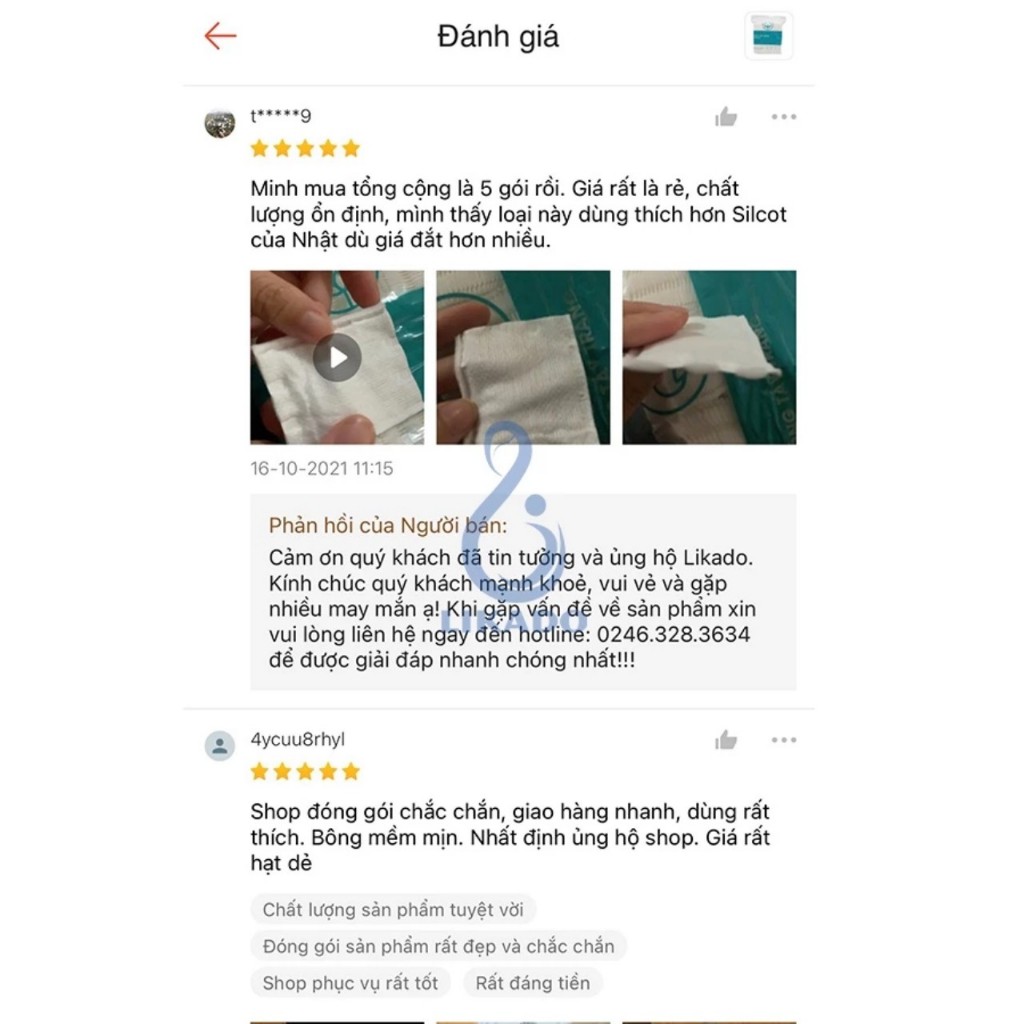 Ảnh Bông tẩy trang Likado 222 miếng 100% bông tự nhiên kích thước(5*6cm) 4