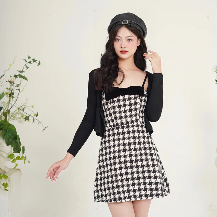SET váy dạ Tweed kèm áo khoác - Váy dạ tweed Hàn 2 dây phối nơ ngực dáng chữ A kèm áo khoác - SET06