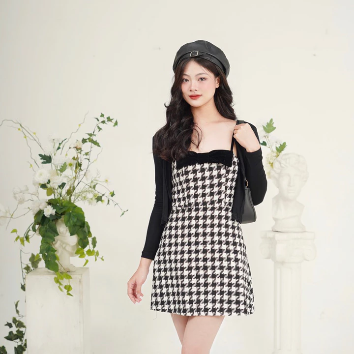 SET váy dạ Tweed kèm áo khoác - Váy dạ tweed Hàn 2 dây phối nơ ngực dáng chữ A kèm áo khoác - SET06