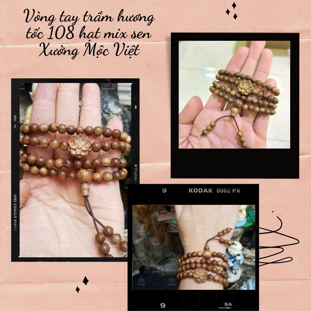 Ảnh Vòng tay trầm hương chuỗi 108 hạt mix Hoa Sen tóc vườn Xưởng Mộc Việt mang lại may mắn bình an 4