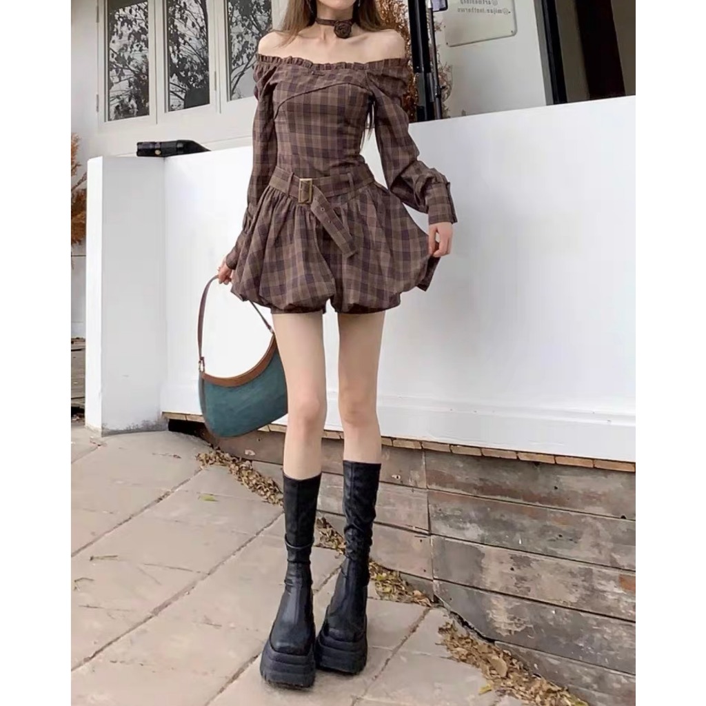 Váy kẻ caro dài tay trễ vai (kèm đai và quần) - Đầm dáng bí cổ vuông cổ điển 𝑽𝒊𝒏𝒕𝒂𝒈𝒆 𝑫𝒓𝒆𝒔𝒔