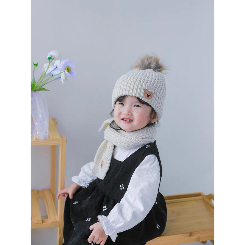 Set mũ len quả bông cho bé kèm khăn cực xinh 1-7 tuổi (   hot)