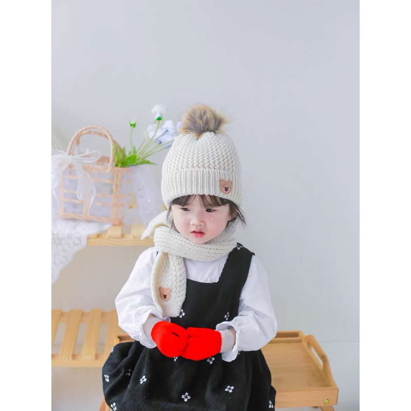 Set mũ len quả bông cho bé kèm khăn cực xinh 1-7 tuổi (   hot)