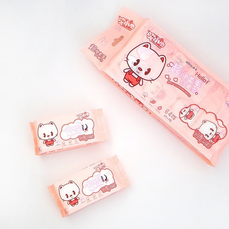 Set 8 gói Khăn giấy ướt mini bỏ túi nhỏ gọn - dễ dàng  - Bịch 64 khăn ướt mini bỏ túi siêu gọn