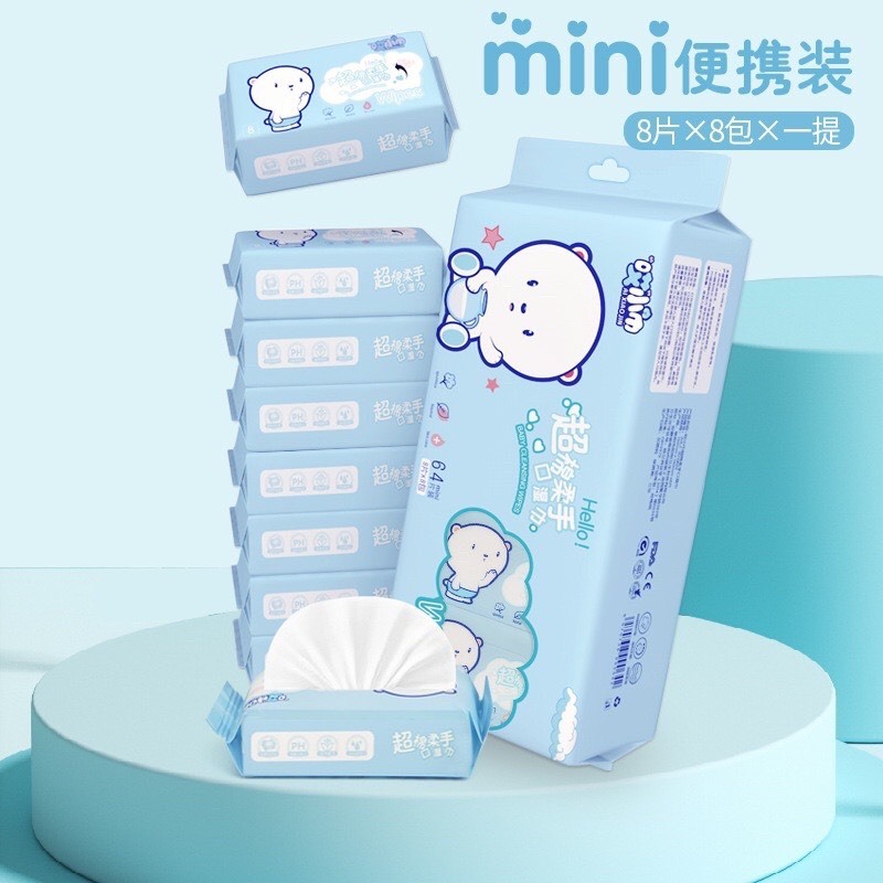 Set 8 gói Khăn giấy ướt mini bỏ túi nhỏ gọn - dễ dàng  - Bịch 64 khăn ướt mini bỏ túi siêu gọn