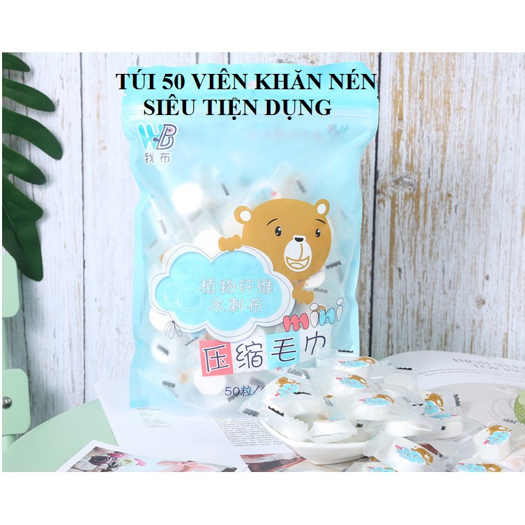 Túi 50 viên Khăn giấy nén dạng viên kẹo hình gấu xanh 25 x 23cm