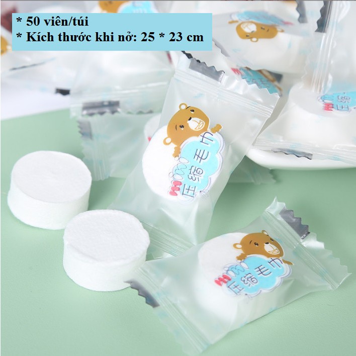 Túi 50 viên Khăn giấy nén dạng viên kẹo hình gấu xanh 25 x 23cm