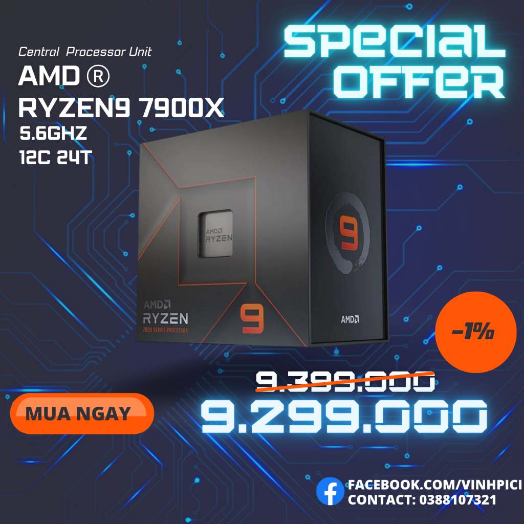 CPU AMD Ryzen 9 7900X ( 4.7GHz Boost 5.6GHz / 12 Nhân 24 Luồng / 76MB ...