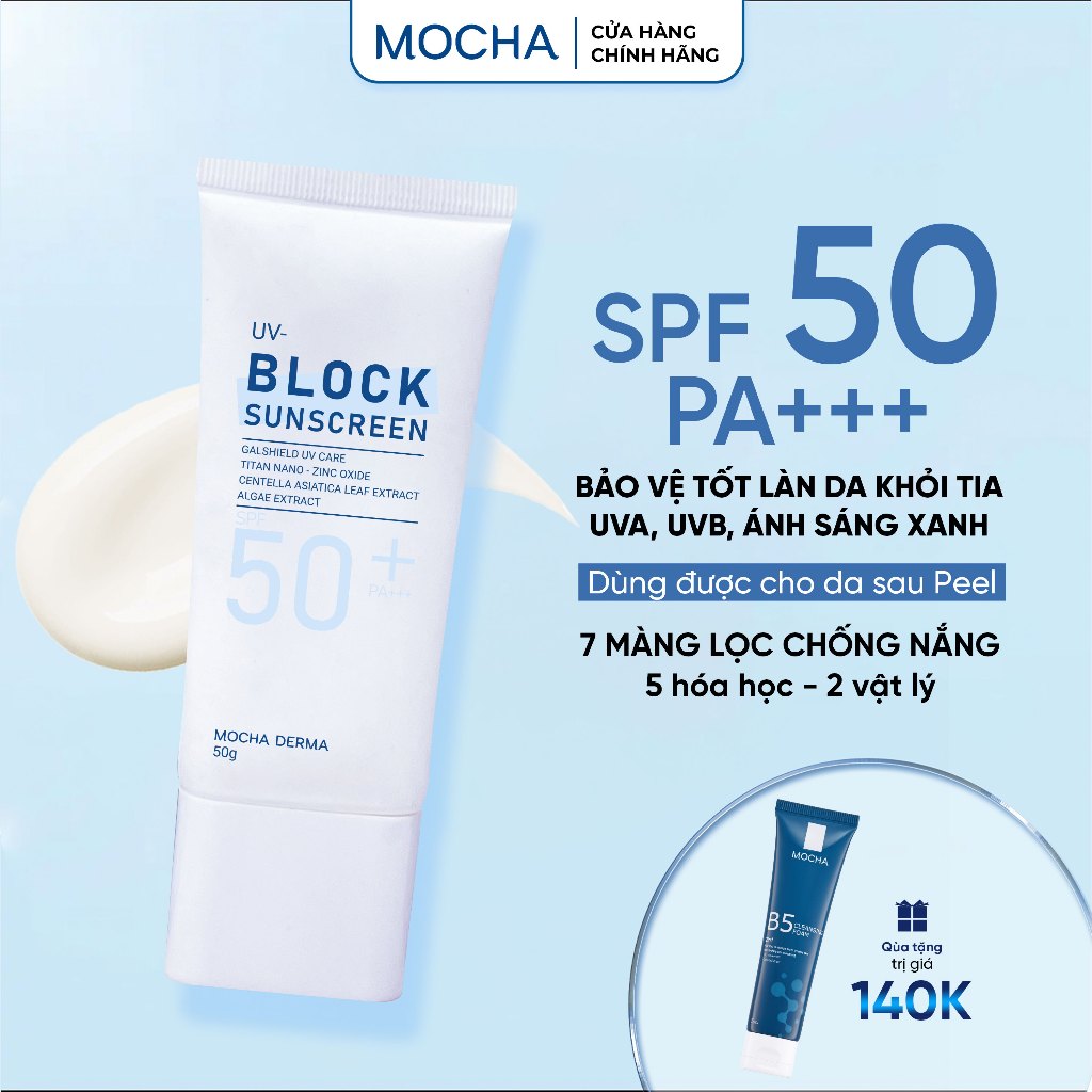 (Đã bán 49) Kem Chống Nắng Mocha Derma SPF 50 PA+, Nâng Tone, Phục Hồi, Bảo Vệ Da Khỏi Tia UVA Và UVB 50g