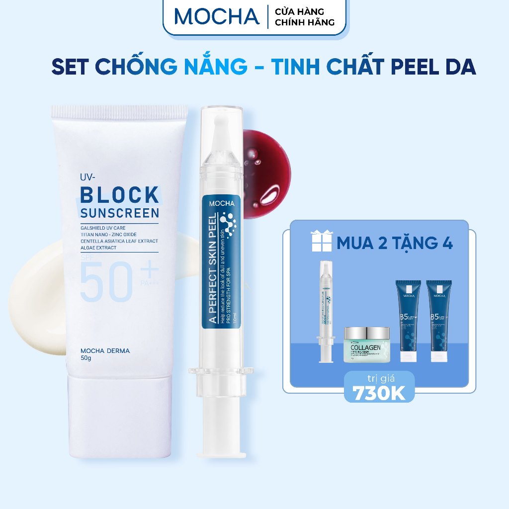 (Đã bán 32) Combo Peel & Kem Chông Nắng Phục Hồi SPF 50+, Retinol Mix Peel Và Kem Chông Nắng Mocha Derma 50g