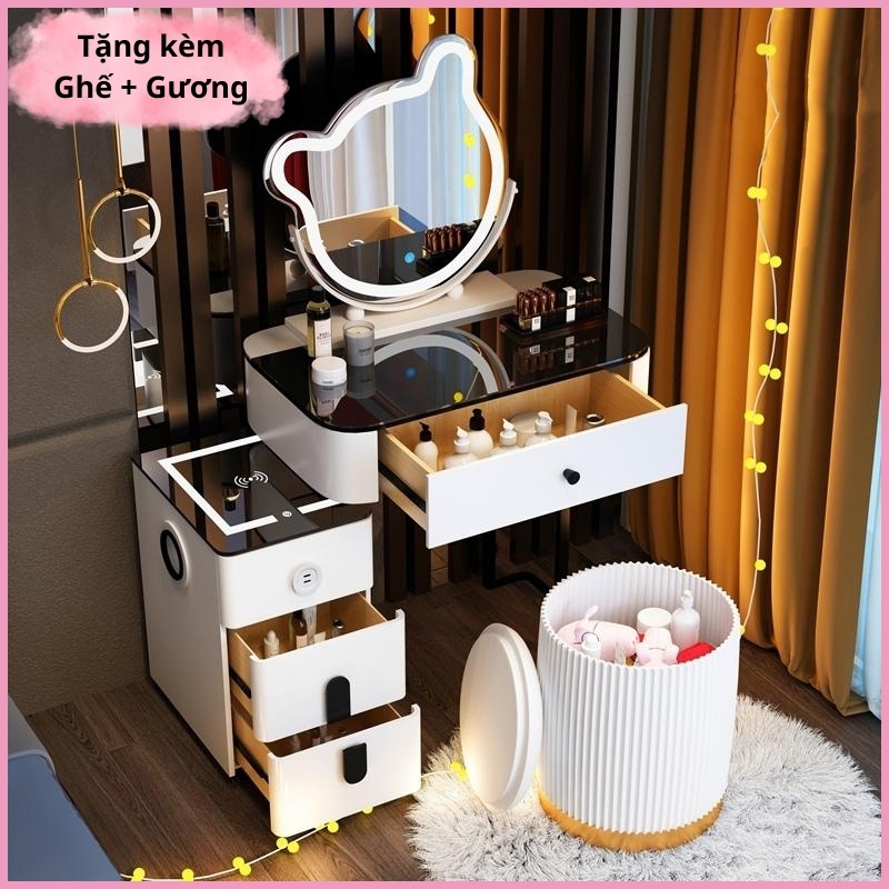 Bộ Bàn Trang Điểm Gương Gấu Thông Minh Size 70Cm Gương Led Cảm Biến Kèm Ghế Cao Cấp Có Sạc Không Dây, Loa Bluetooth