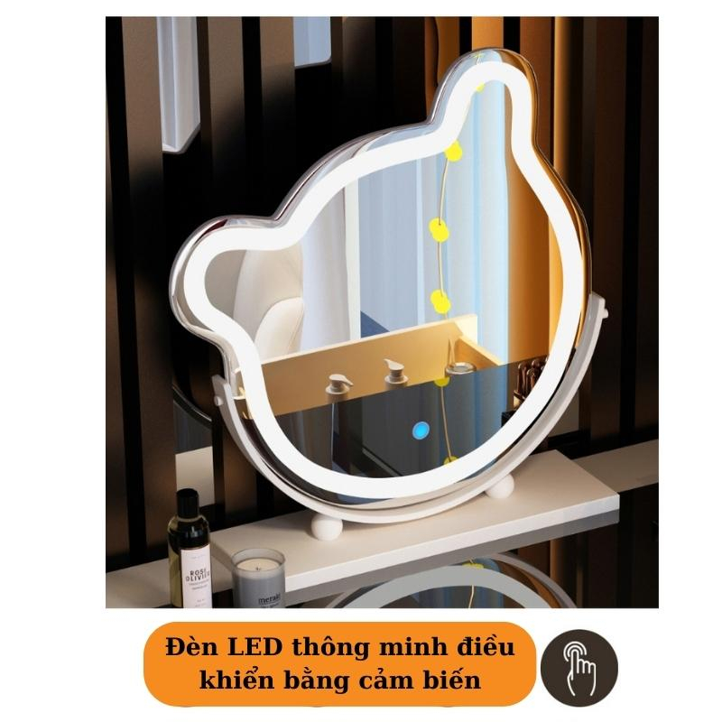Bộ Bàn Trang Điểm Gương Gấu Thông Minh Size 70Cm Gương Led Cảm Biến Kèm Ghế Cao Cấp Có Sạc Không Dây, Loa Bluetooth