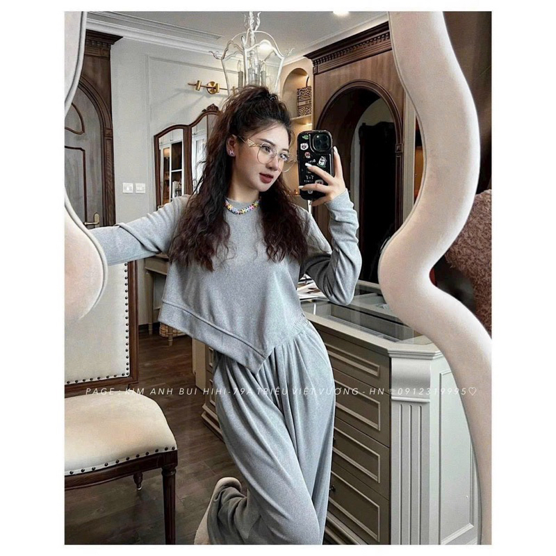 Sét Bộ Nỉ Tăm Dài Tay Vạt Chéo , Bộ Nỉ Tăm Cổ Tròn Kèm Quần Ống Rộng Chất Tăm Thu Đông