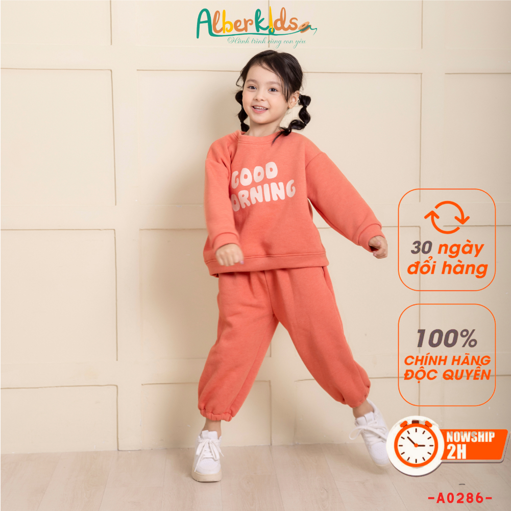 Bộ đồ nỉ in chữ good morning bé gái ALBERKIDS không mũ công chúa xinh ...