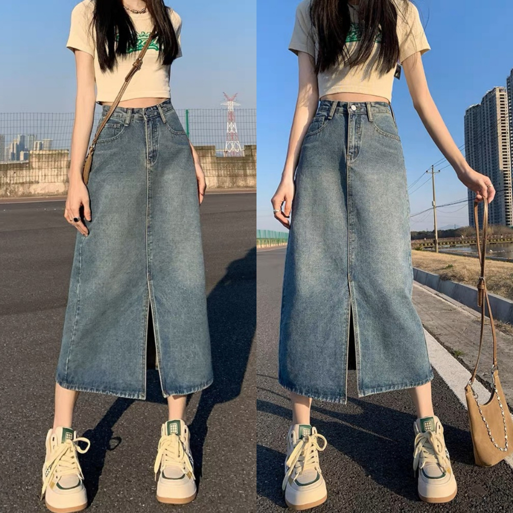 Chân váy jean dáng dài 7 tấc bigsize nữ xẻ tà phom cá tính che khuyết ...